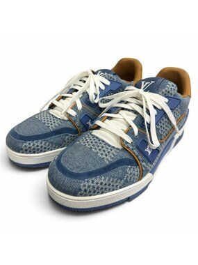 Louis Vuitton LV Trainers Line Leather Damier Denim Sneakers Indigo Blue 6.5